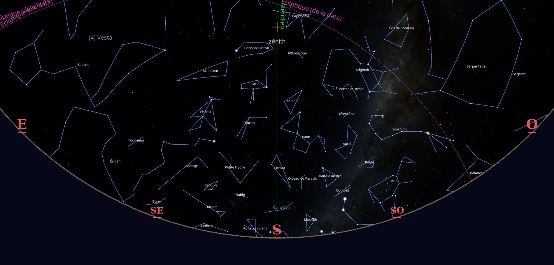 Carte du ciel vers le sud, vue de Nouméa